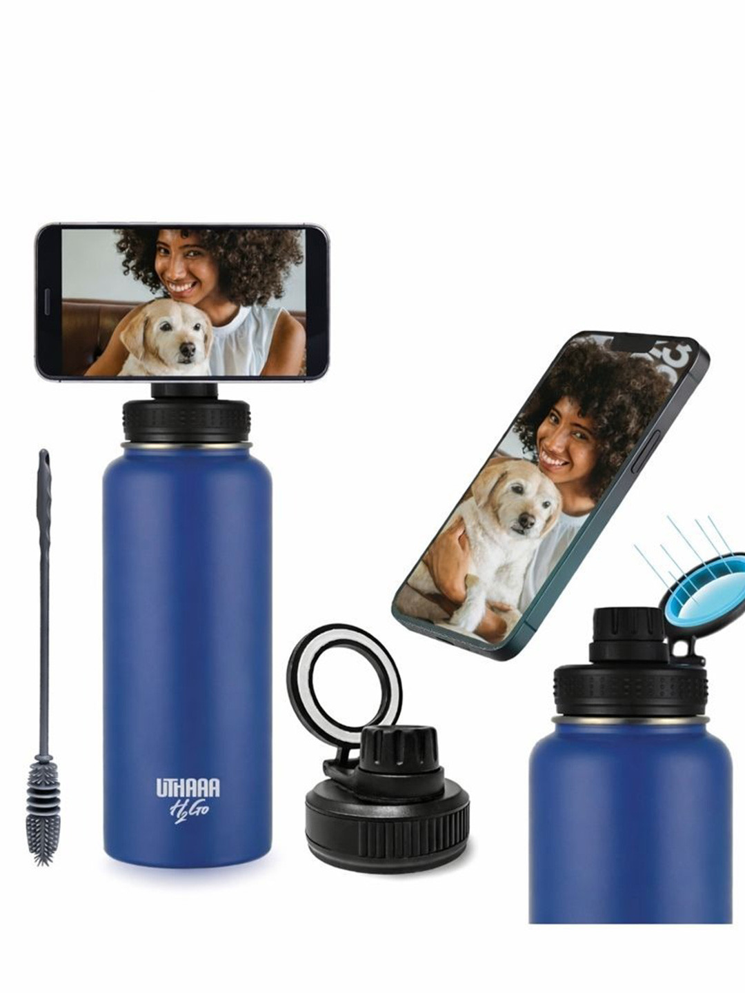 Uthaaa H2Go Ocean Deep Blue Vacuum Insulated Bottle with Magnetic Phone Holder 950 ml