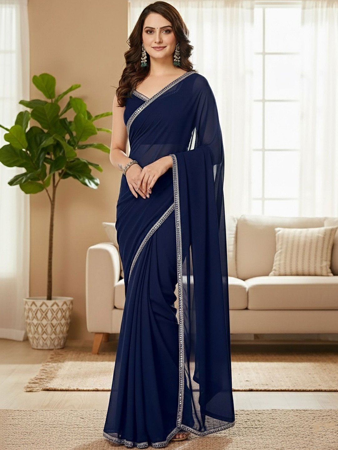 BerMondsey Embellished Sequinned Poly Georgette Saree