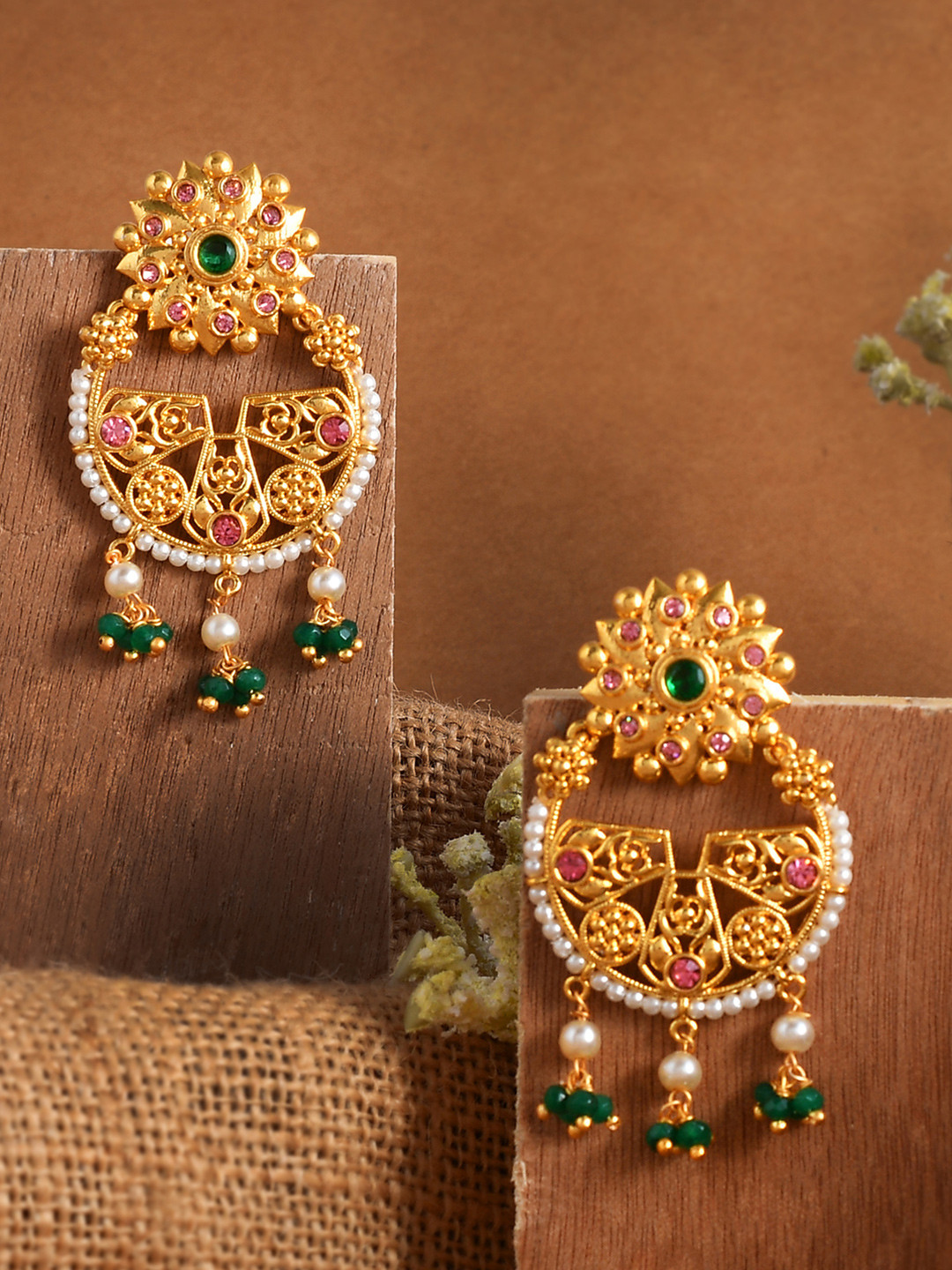 Abharan Green Stones and White Pearls Floral Earrings