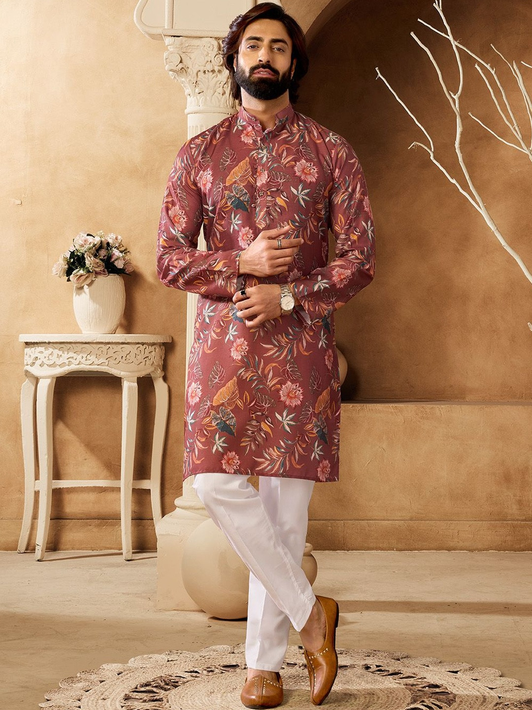 INDIROOP Men Floral Printed Regular Kurta with Pyjamas