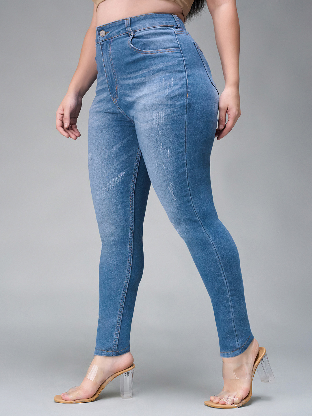 Miss Chase A+ Plus Size Women Skinny Fit High-Rise Mildly Distressed Light Fade Stretchable Jeans