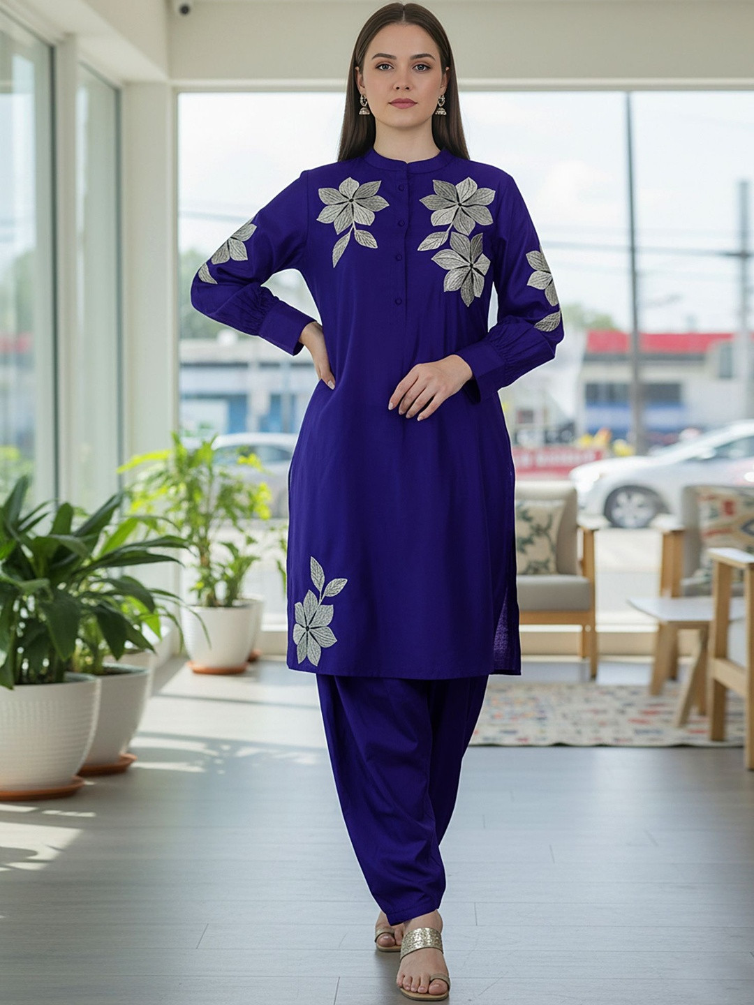 Zolo Label Embroidered Viscose Rayon Mandarin Collar Co-Ords
