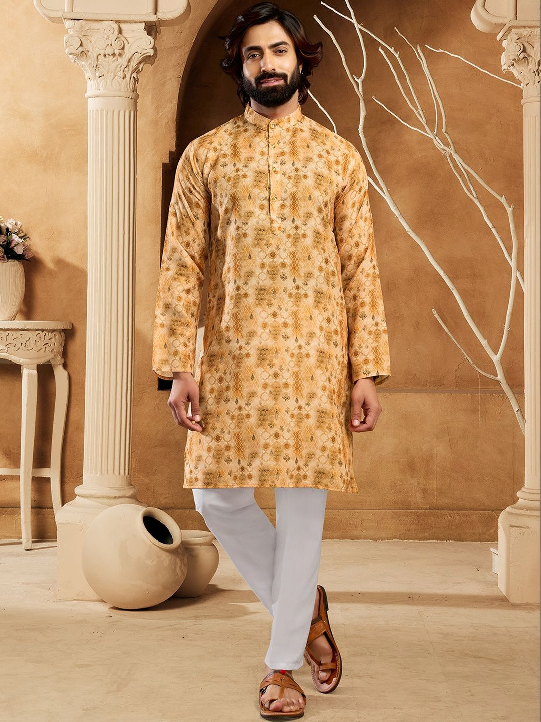 INDIROOP Men Ethnic Motifs Printed Regular Kurta with Trousers