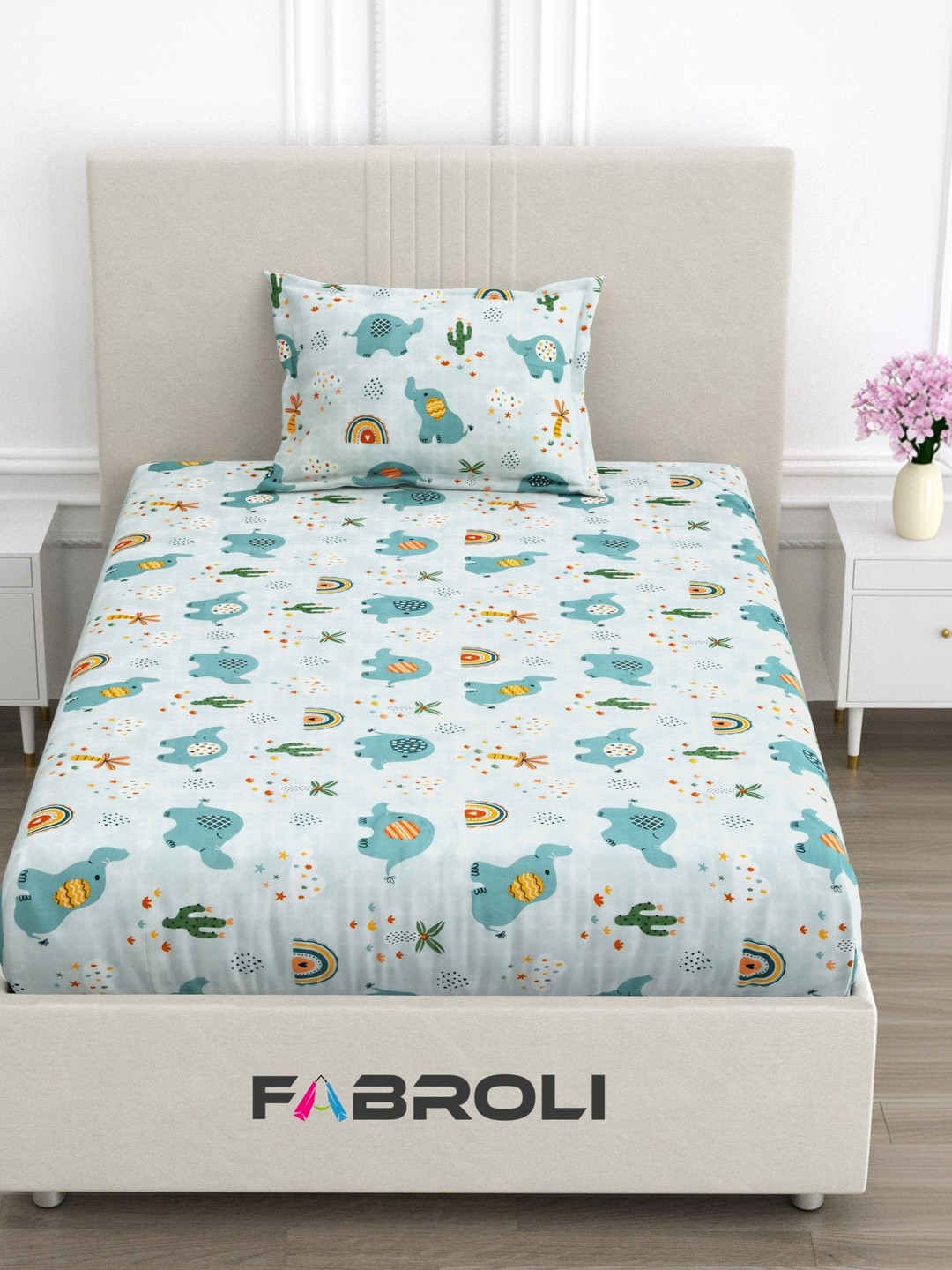 FABROLI Blue Floral 300 TC Single Bedsheet with 1 Pillow Covers
