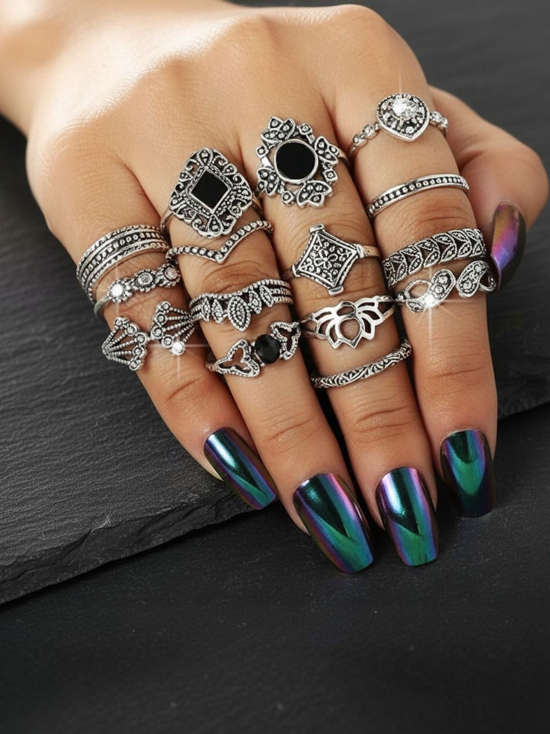 Zaphariq Set of 15 Silver-Plated Stone-Studded Finger Ring