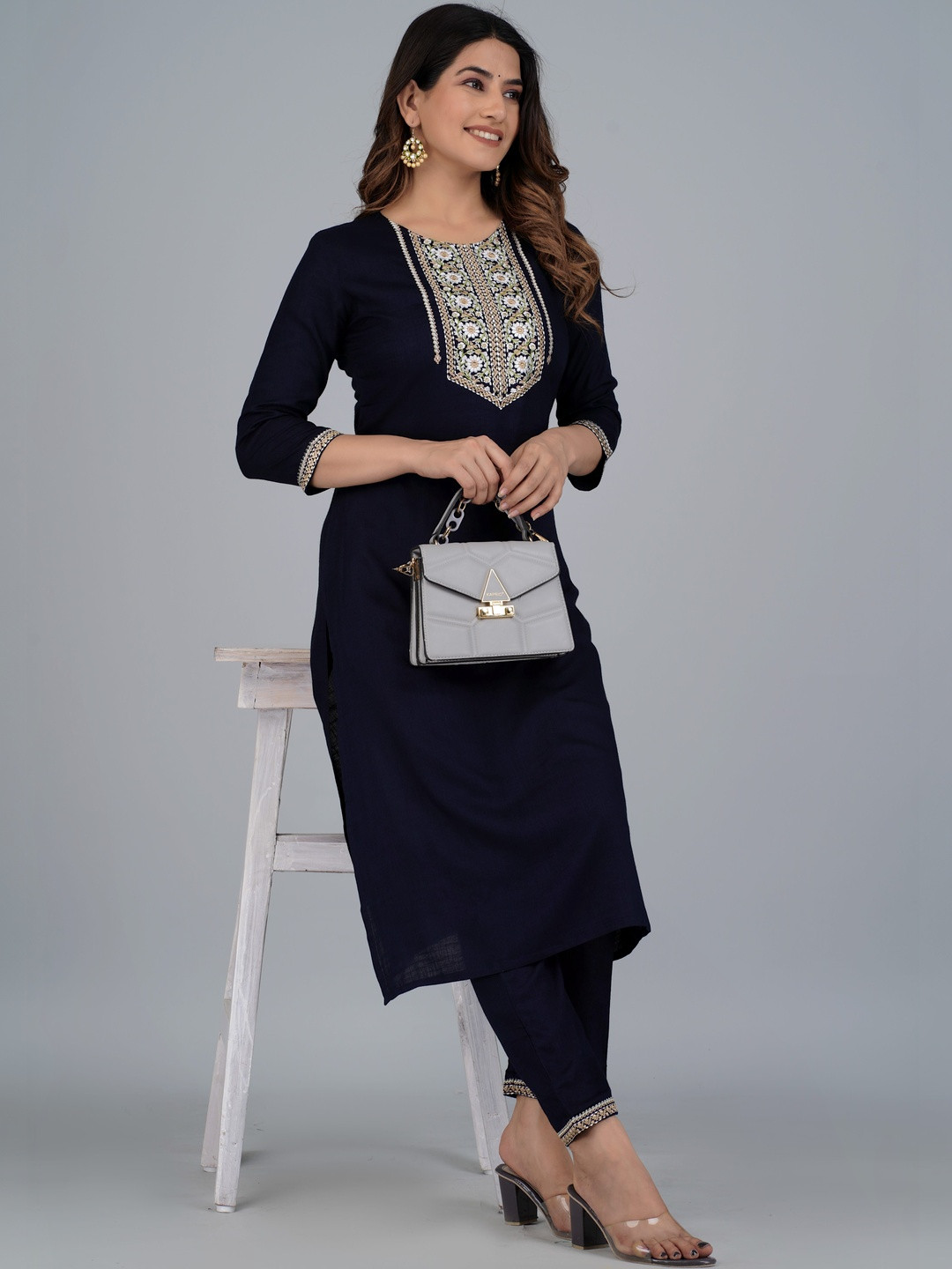 HERE&NOW Women Ethnic Motifs Embroidered Regular Thread Work Kurta with Trousers