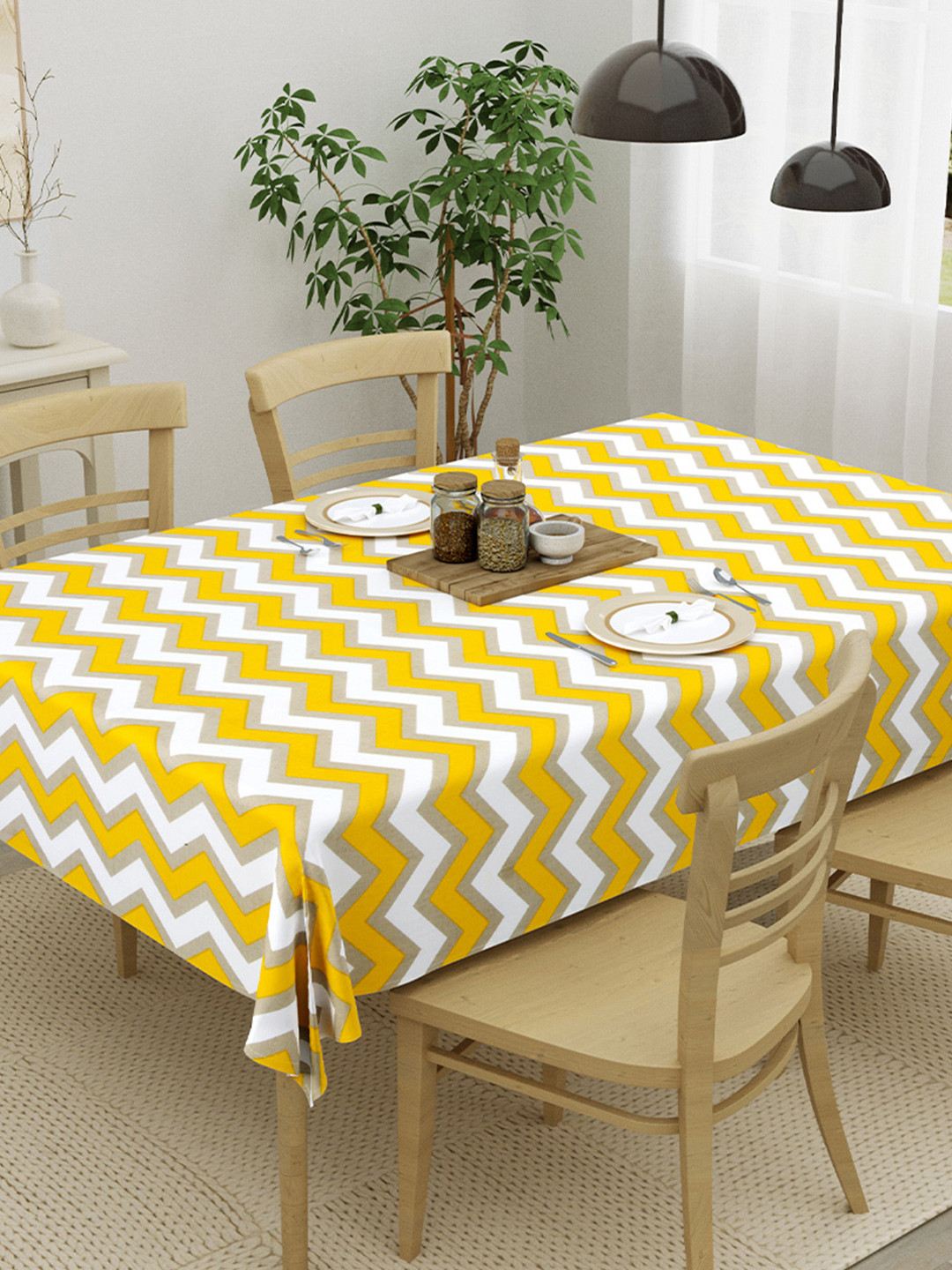 HOMEMONDE Yellow & White Printed Pure Cotton 4-Seater Table Cover