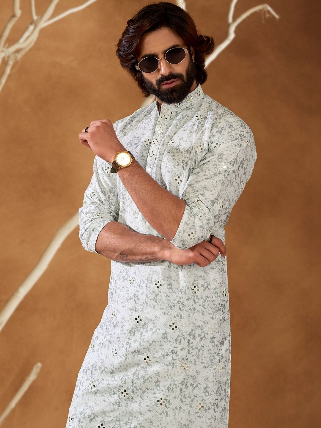INDIROOP Men Printed Regular Mirror Work Kurta with Pyjamas