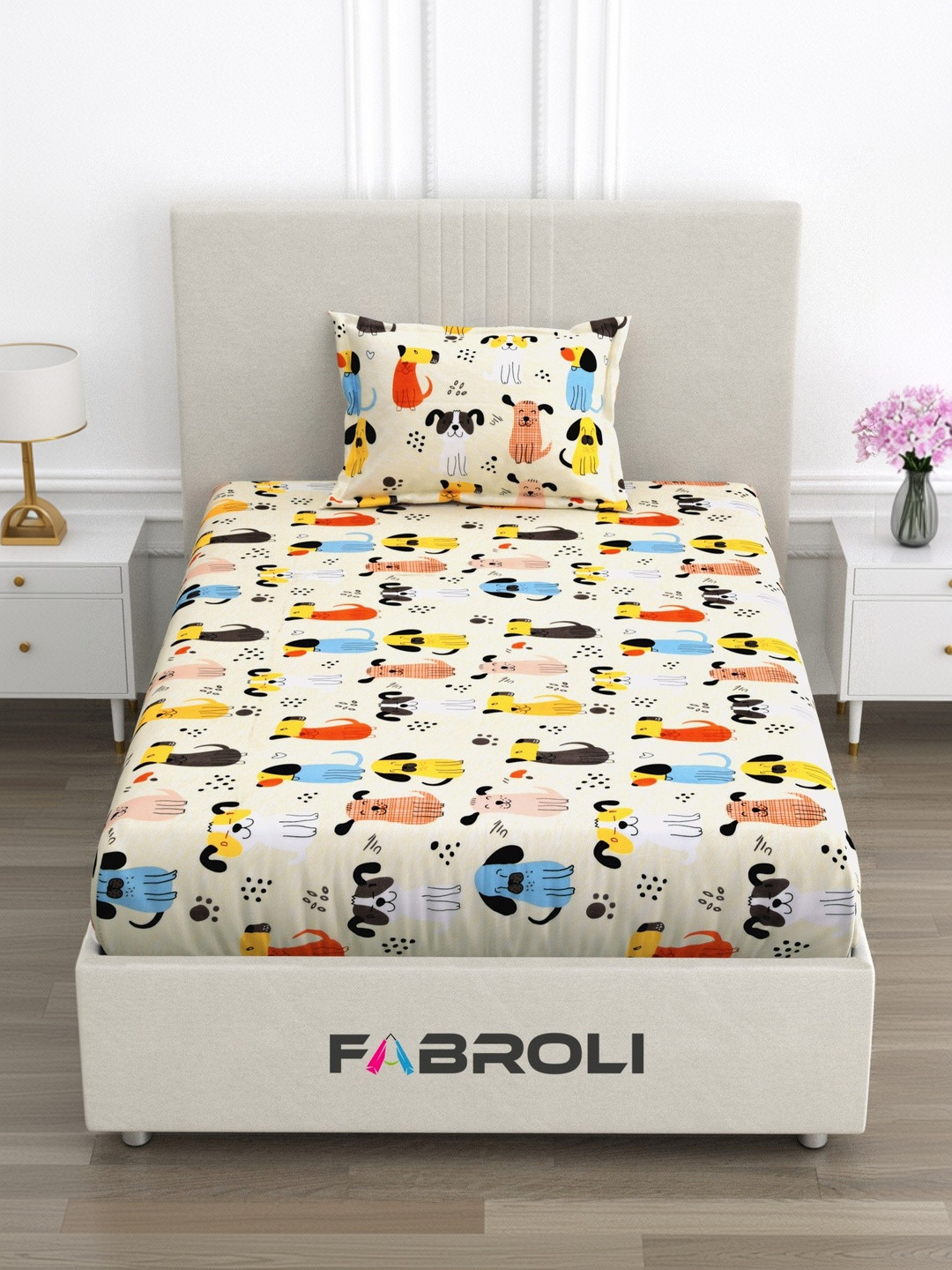 FABROLI Beige Floral 300 TC Single Bedsheet with 1 Pillow Covers