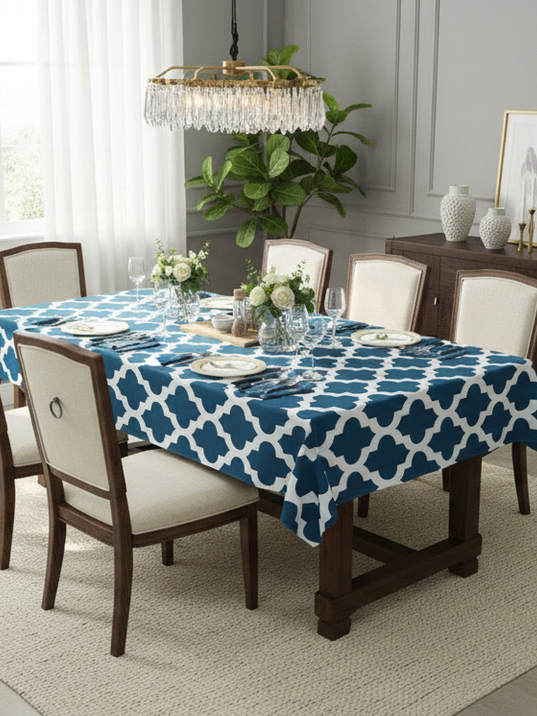 HOMEMONDE Blue Geometric Printed Cotton 4-Seater Table Cover