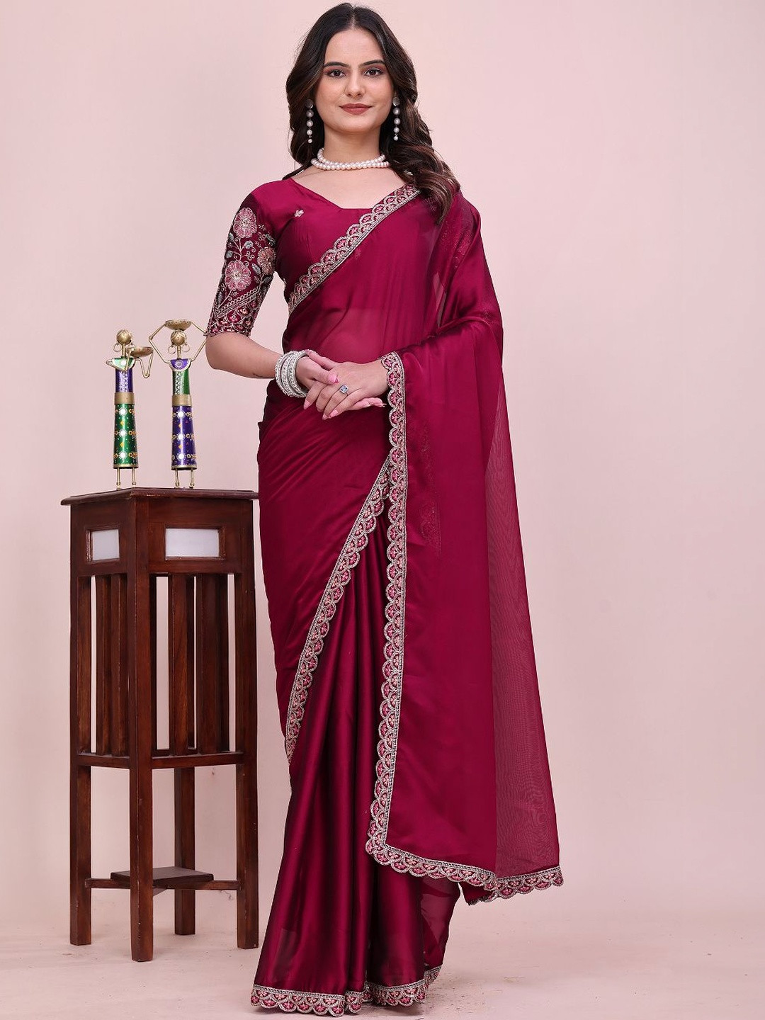 K 5 Fashion Embellished Embroidered Poly Chiffon Heavy Work Ikat Saree