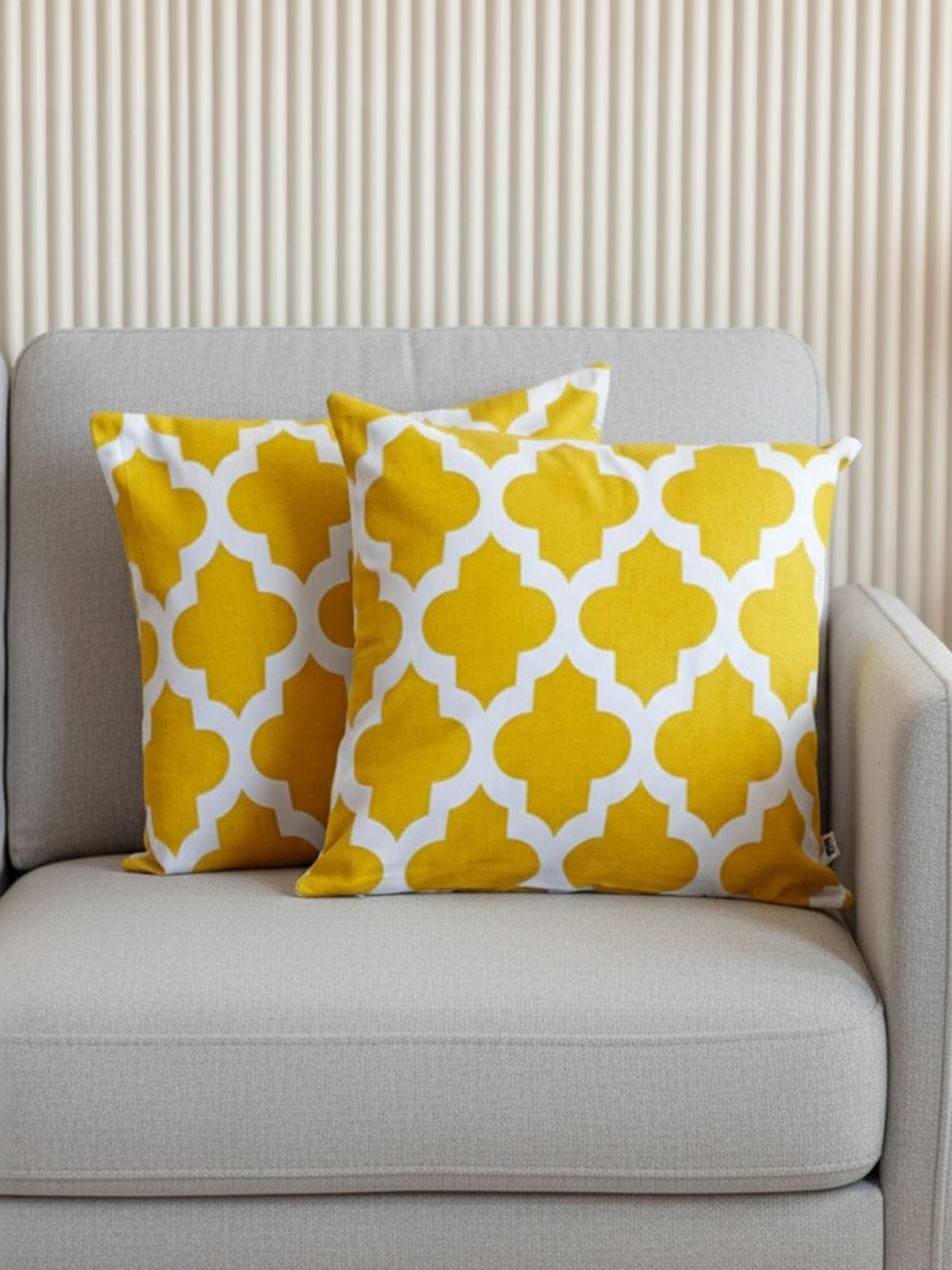 HOMEMONDE Yellow Set of 2 Geometric Square Cushion Covers