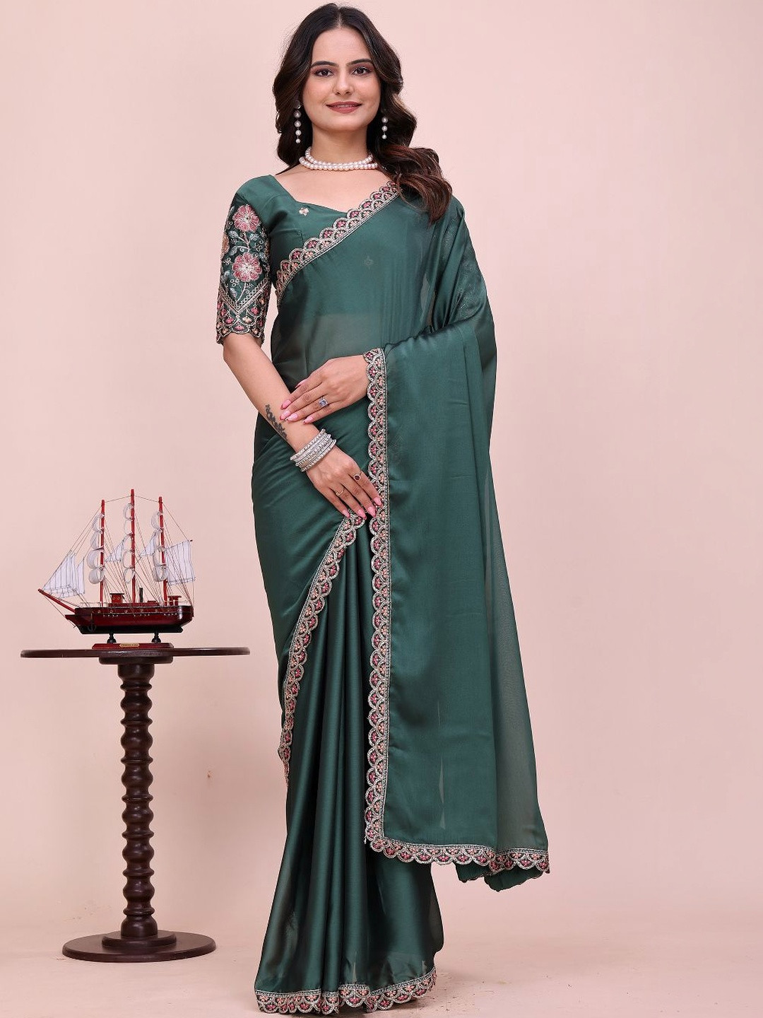 K 5 Fashion Floral Embroidered Poly Chiffon Heavy Work Ikat Saree