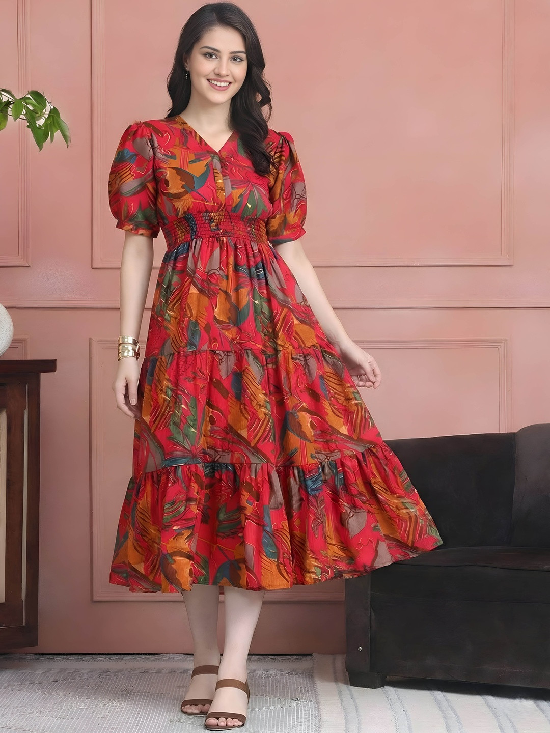 PTVIZE Print Puff Sleeve Crepe Fit & Flare Midi Dress