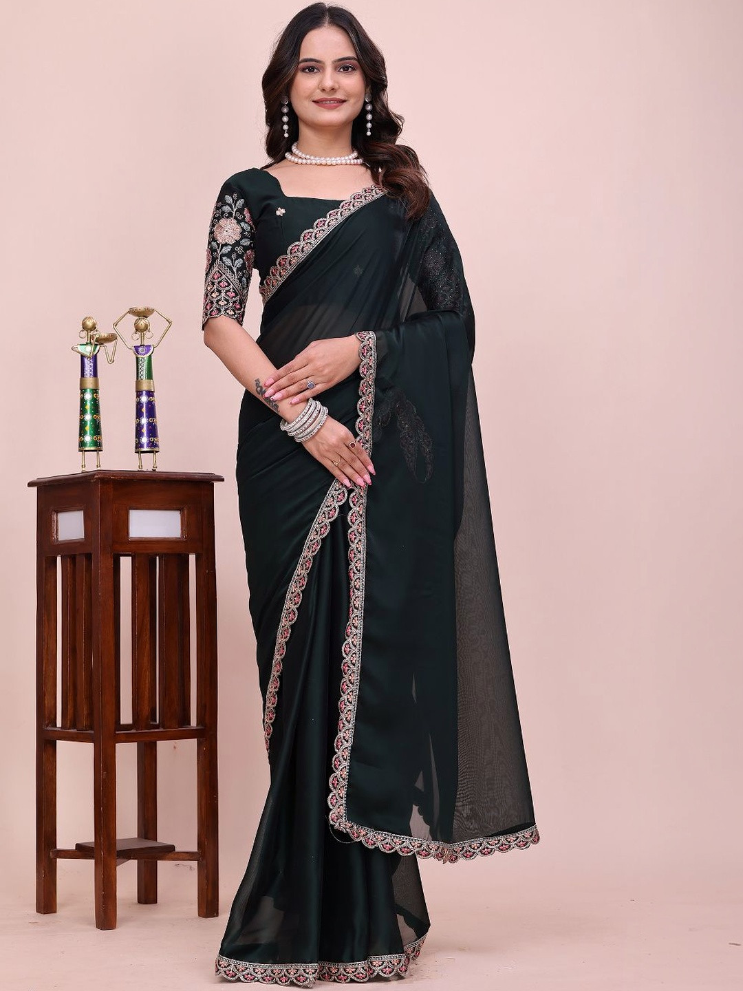 K 5 Fashion Embellished Embroidered Poly Chiffon Heavy Work Ikat Saree