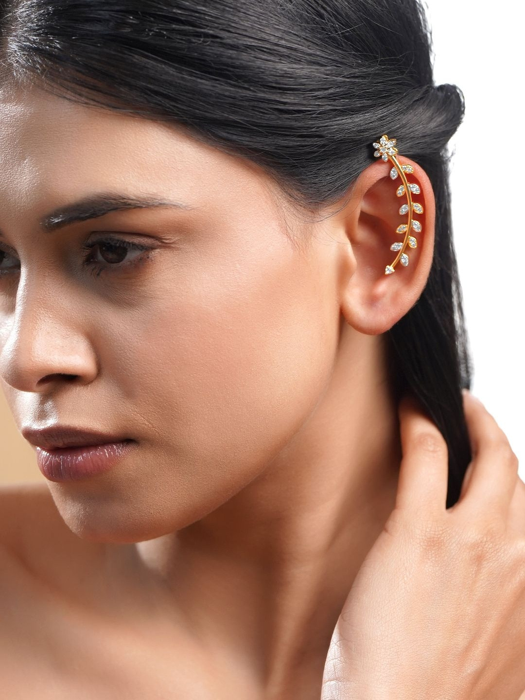 Rubans 18K Gold Plated Cubic Zirconia Studded Leaf Shaped Ear Cuff