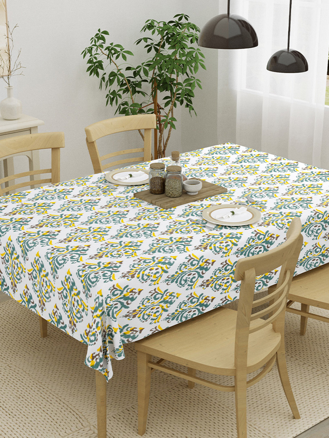 HOMEMONDE Yellow Ethnic Motifs Cotton Round 6-Seater Table Cover
