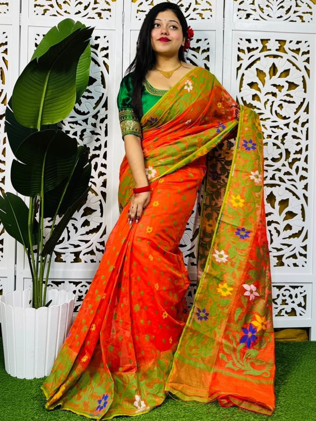 Rnn Saree Floral Embroidered Silk Cotton Jamdani Sarees