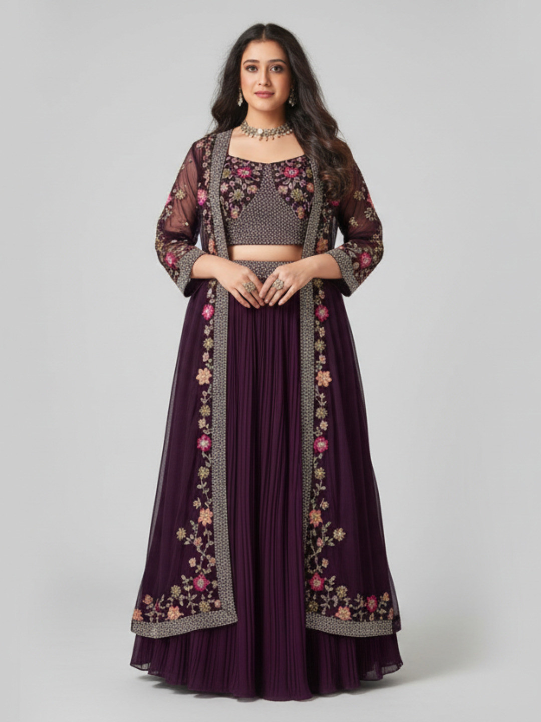 BALAJI CREATION Women Embroidered Fusion Crop Top with Draped Skirt & Jacket