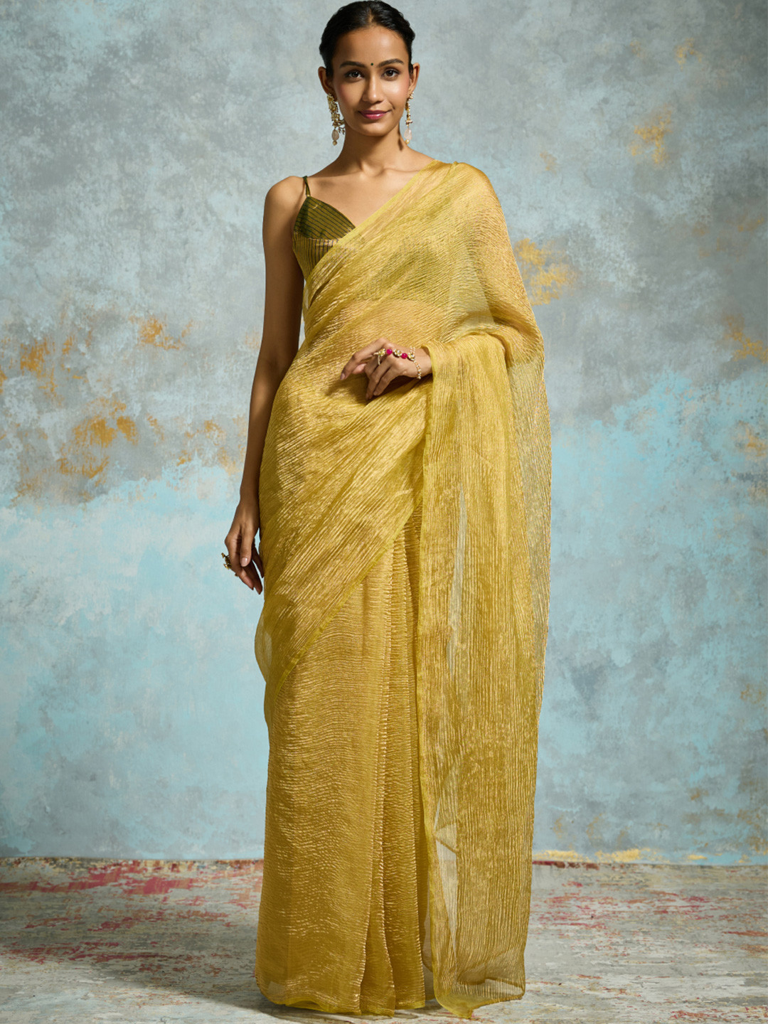 Dressfolk Green Crinkled Tissue Saree with unstitched blouse fabric