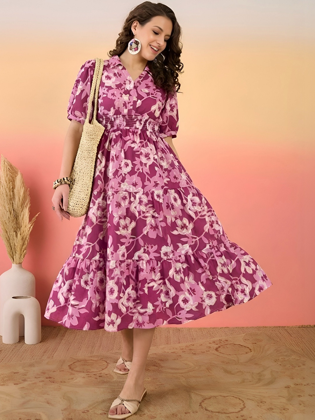 PTVIZE Floral Print Puff Sleeve Crepe A-Line Midi Dress