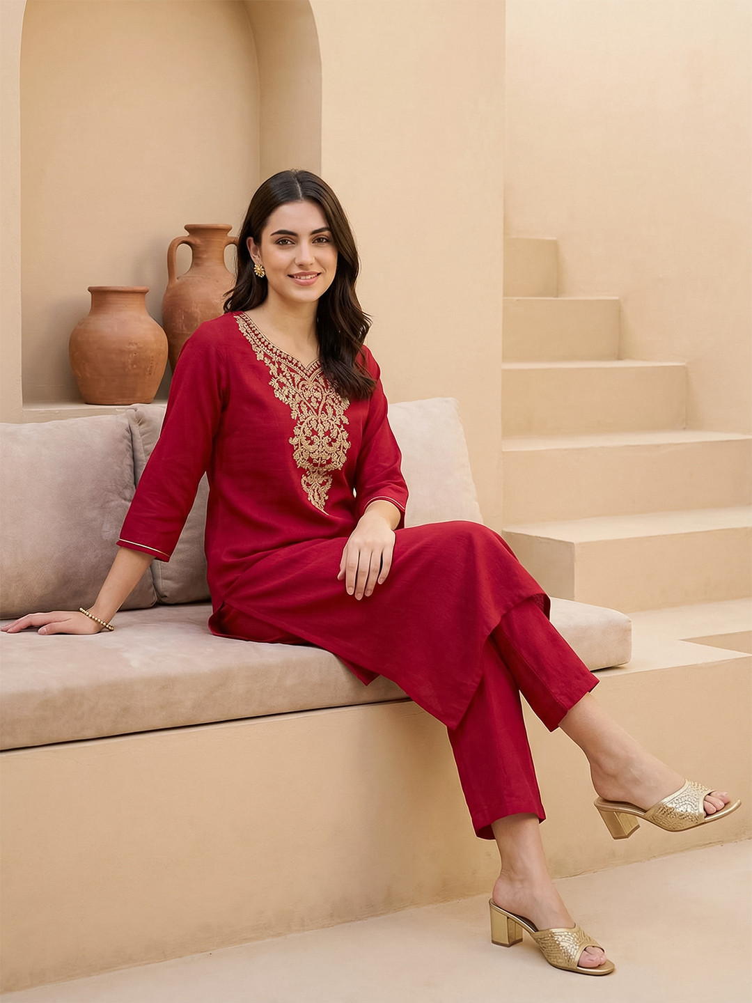 Indo Era Embroidered Top With Trousers Co-Ords
