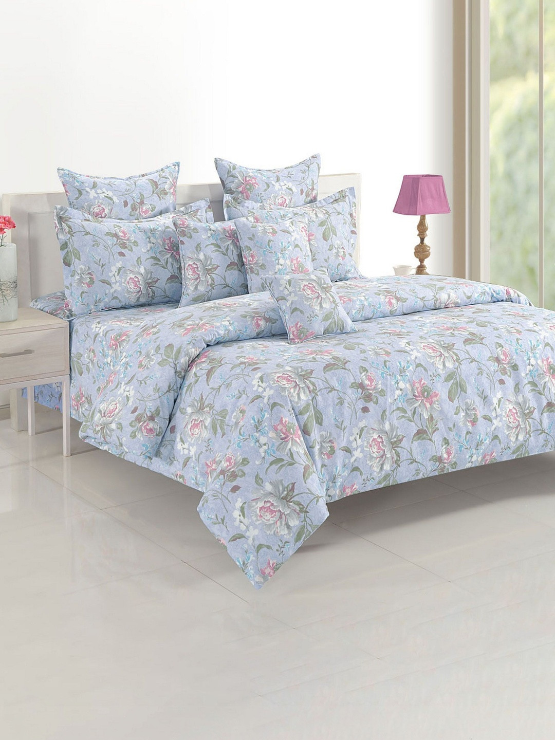 SWAYAM Blue Floral 120 TC King Bedsheet with 2 Pillow Covers