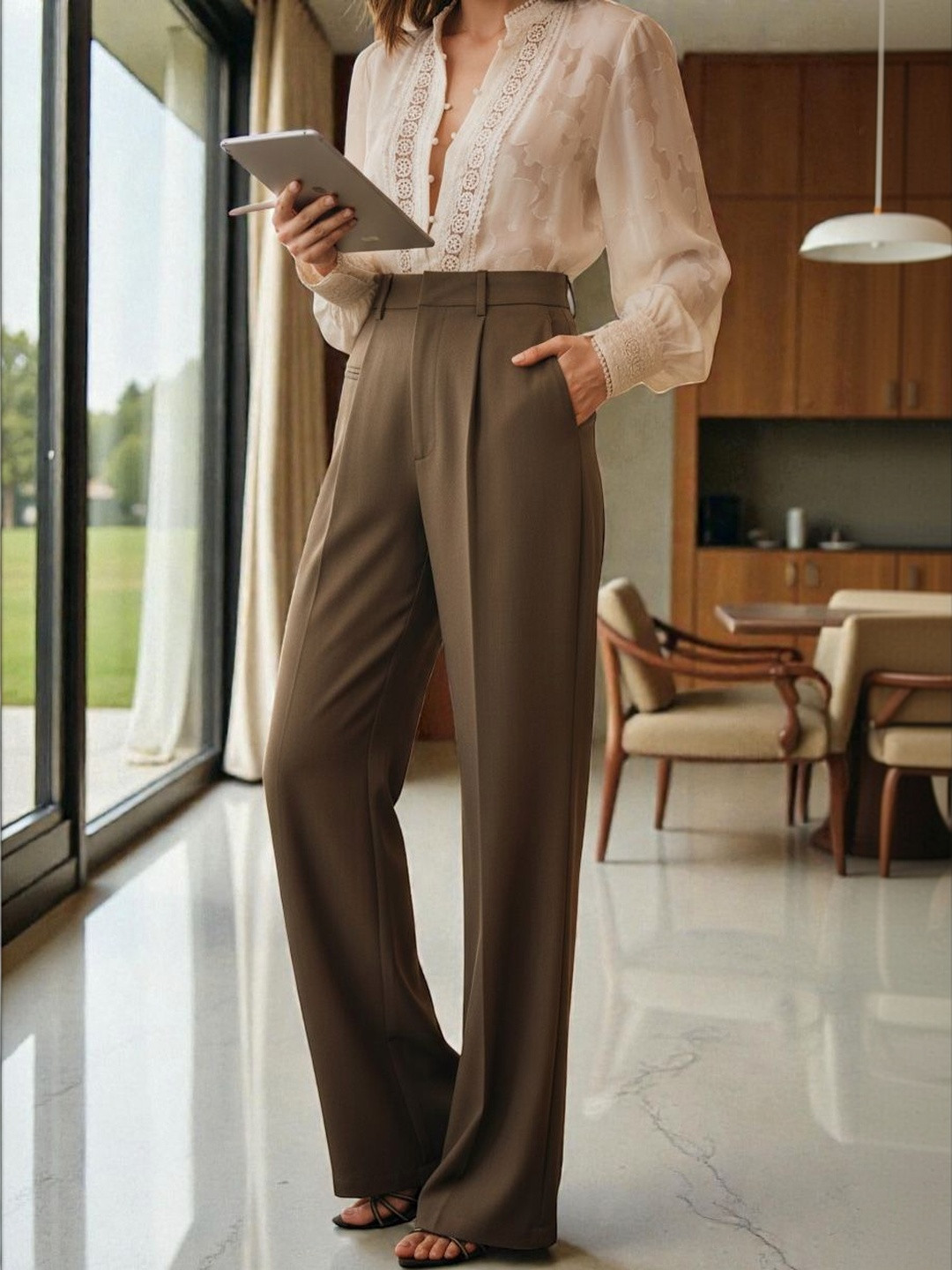 Next One Women Smart Loose Fit High-Rise Easy Wash Pleated Trousers