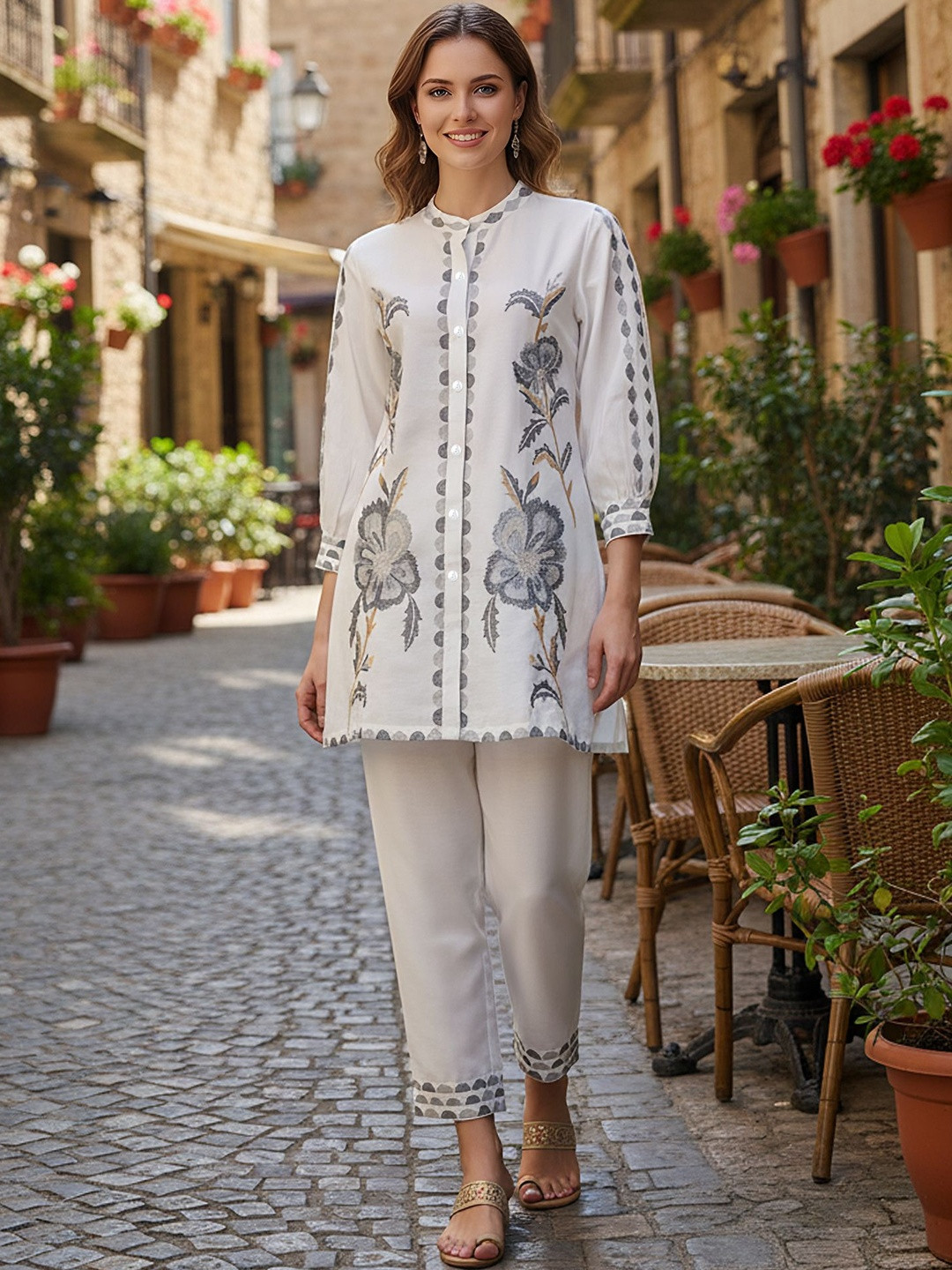 Zolo Label Embroidered Cotton Blend Mandarin Collar Co-Ords
