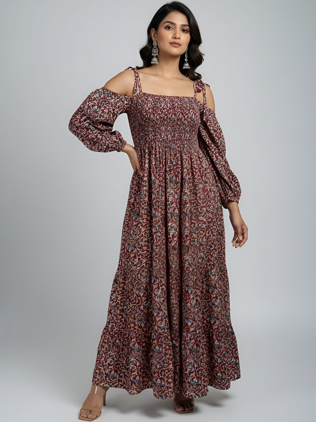 Maroon Ethnic Motif Cold-Shoulder Maxi Dress