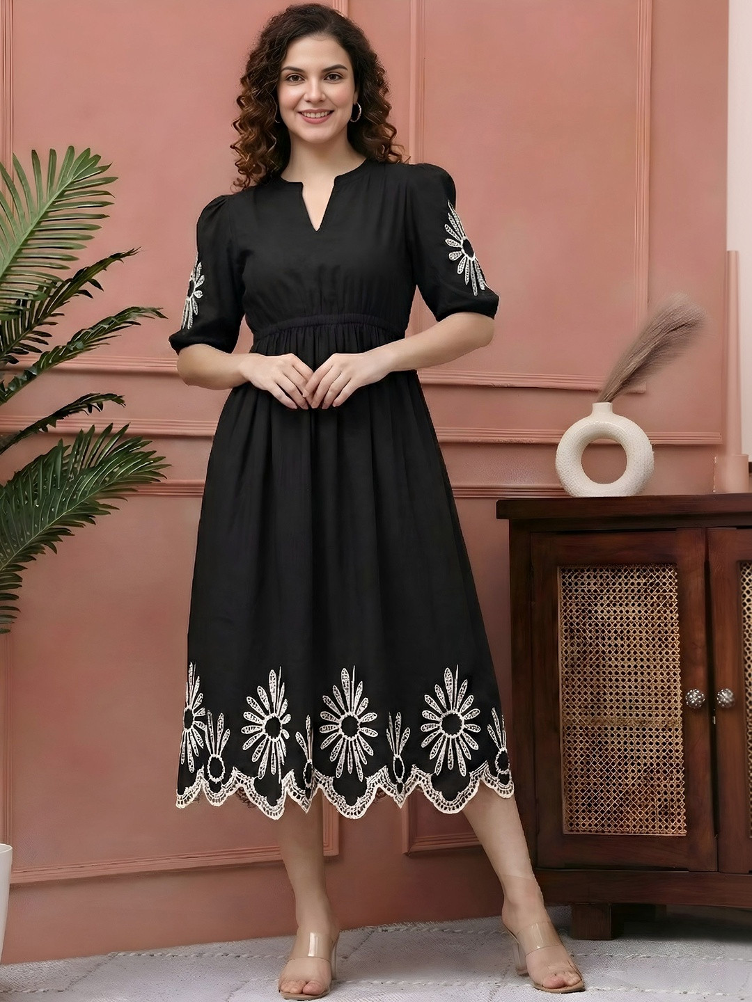PTVIZE Floral Embroidered Puff Sleeve A-Line Midi Dress