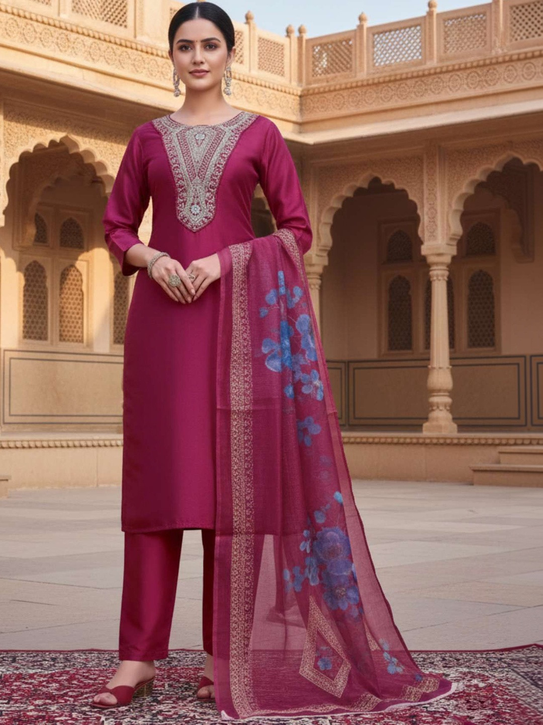 DAMAAR TEXTILE Women Ethnic Motifs Yoke Design Regular Thread Work Kurta with Trousers & With Dupatta