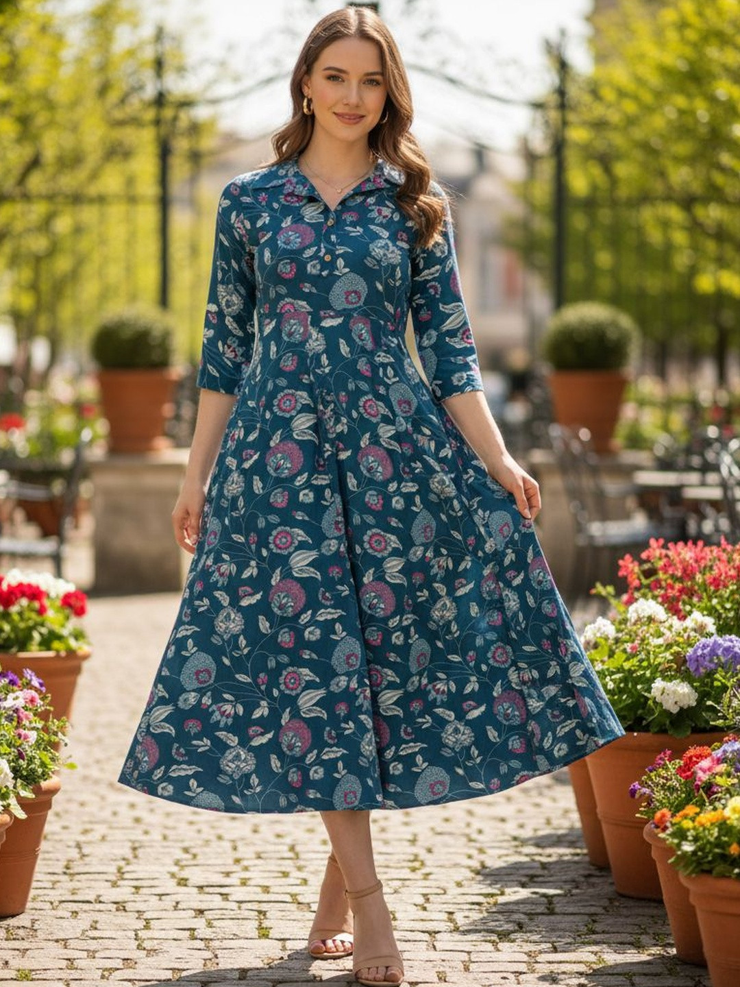 Vishishtah Floral Print Fit & Flare Midi Dress