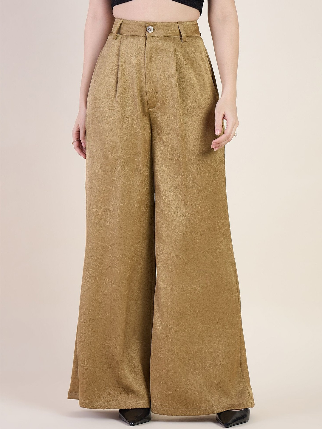 aayu Women Textured Relaxed High-Rise Wrinkle Free Pleated Trousers