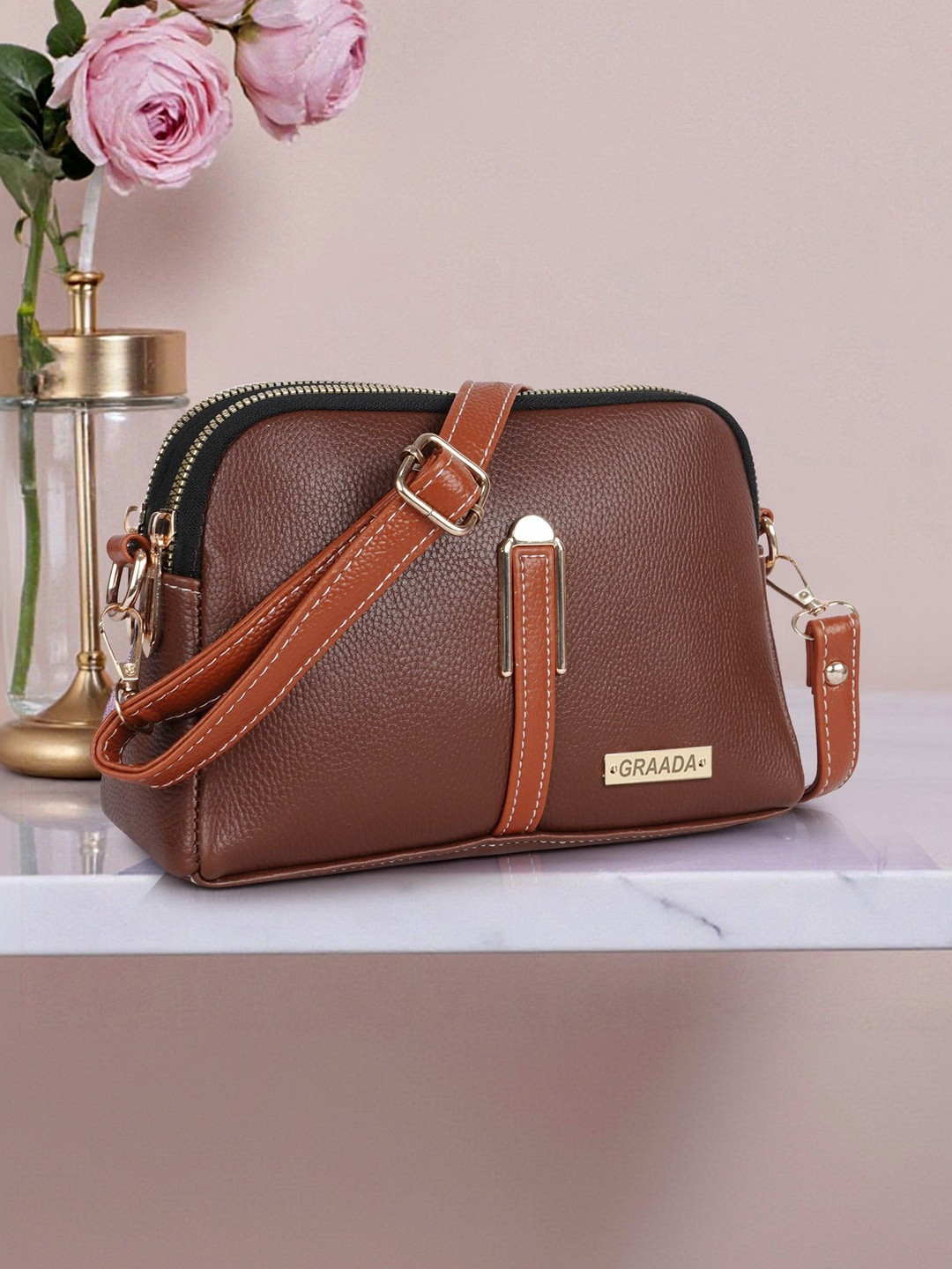 GRAADA Textured Zip Detail Synthetic Leather Structured Sling Bag
