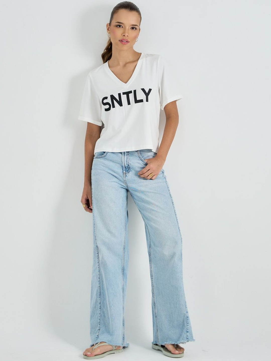 Saintly Women Typography Printed V-Neck T-shirt