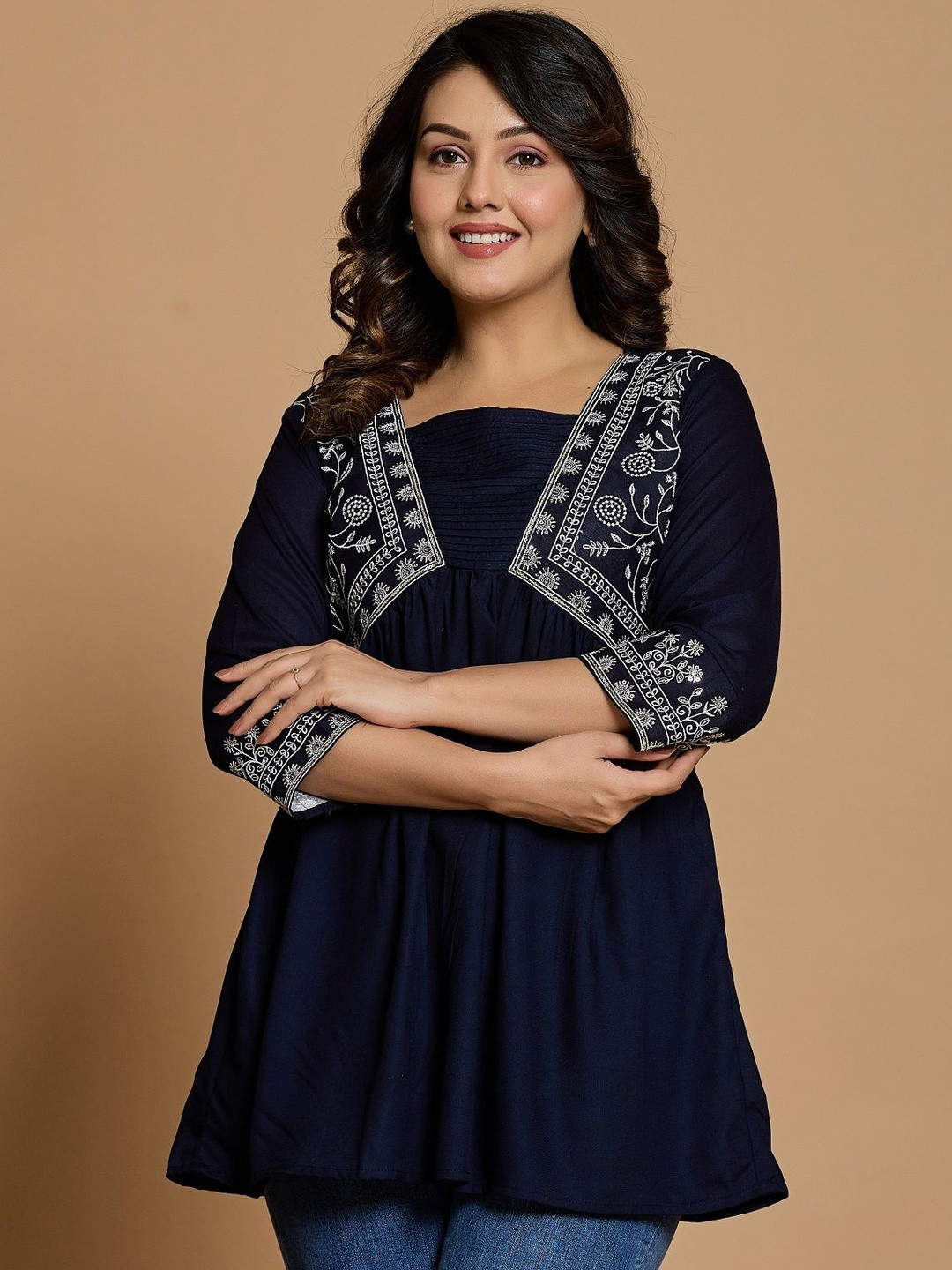 Aasira Women Navy Boho-Chic Embroidered Regular A-Line Fusion Top