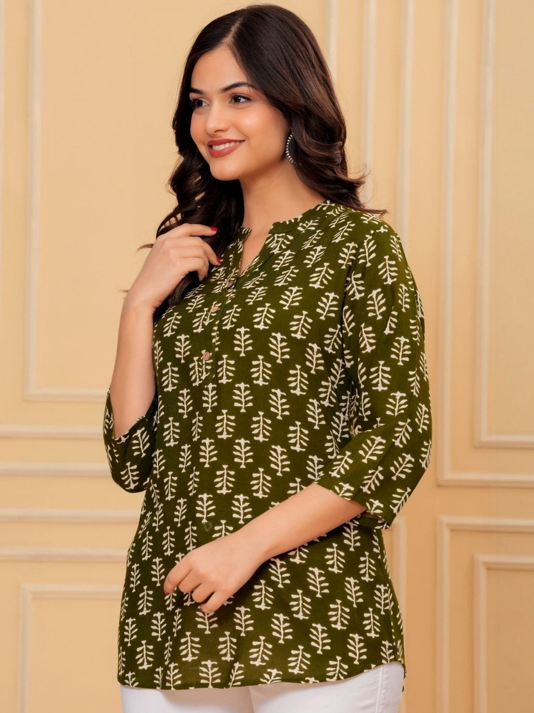Komfortive Print Mandarin Collar Ethnic Cotton Top