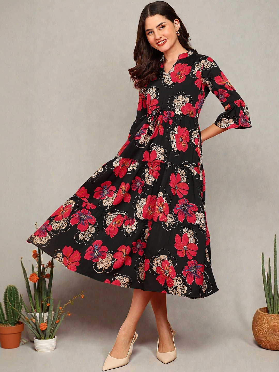 Moda Rapido Floral Print Flared Sleeve Crepe Fit & Flare Midi Dress