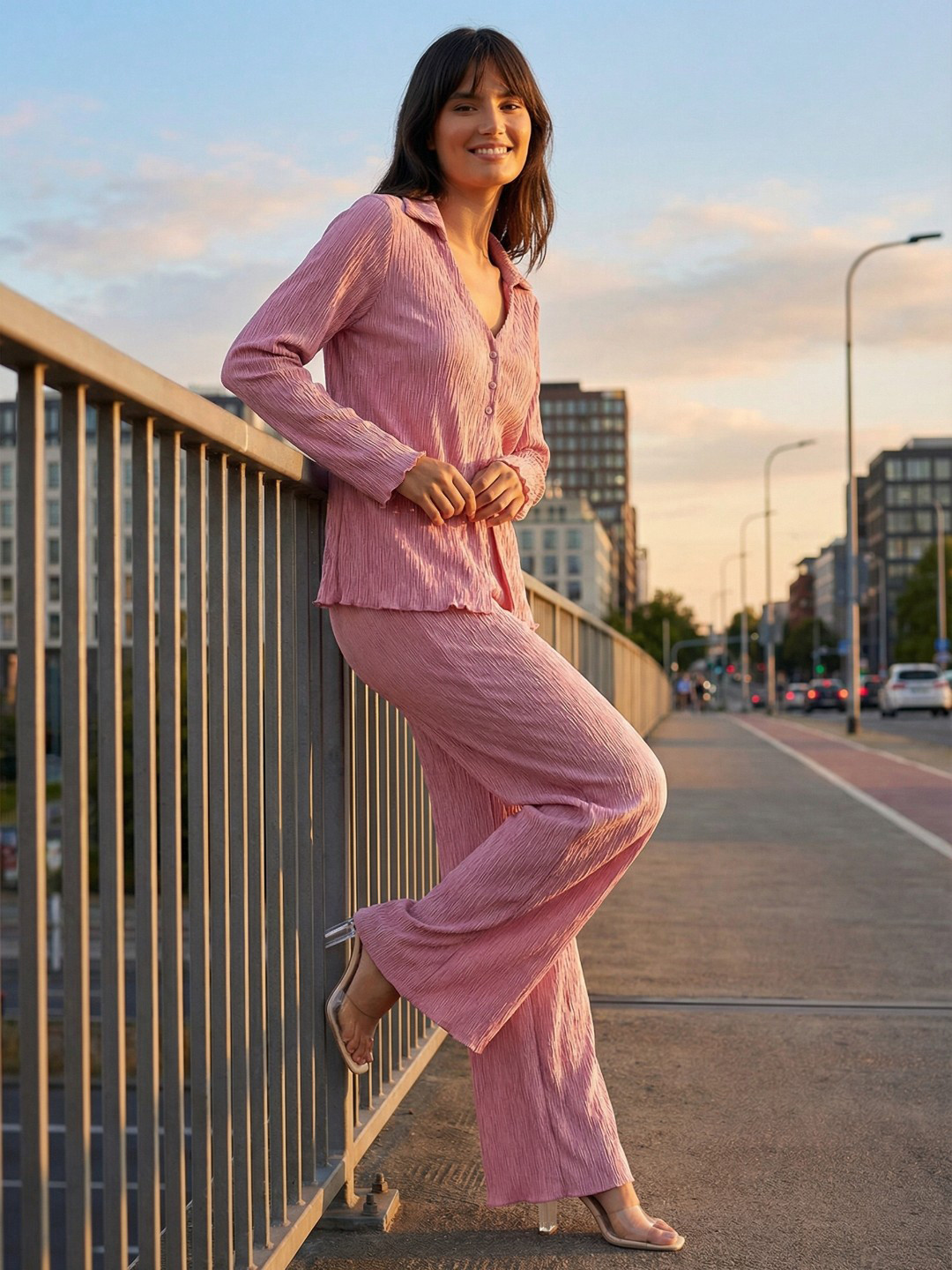 Pink V-Neck Shirt & Trousers Co-Ords