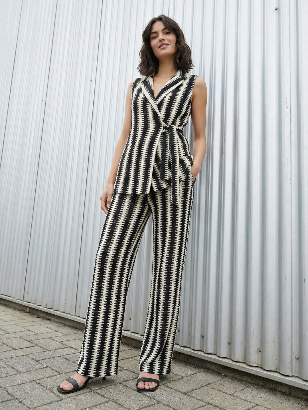 Striped V-Neck Sleeveless Top & Trousers Co-Ords