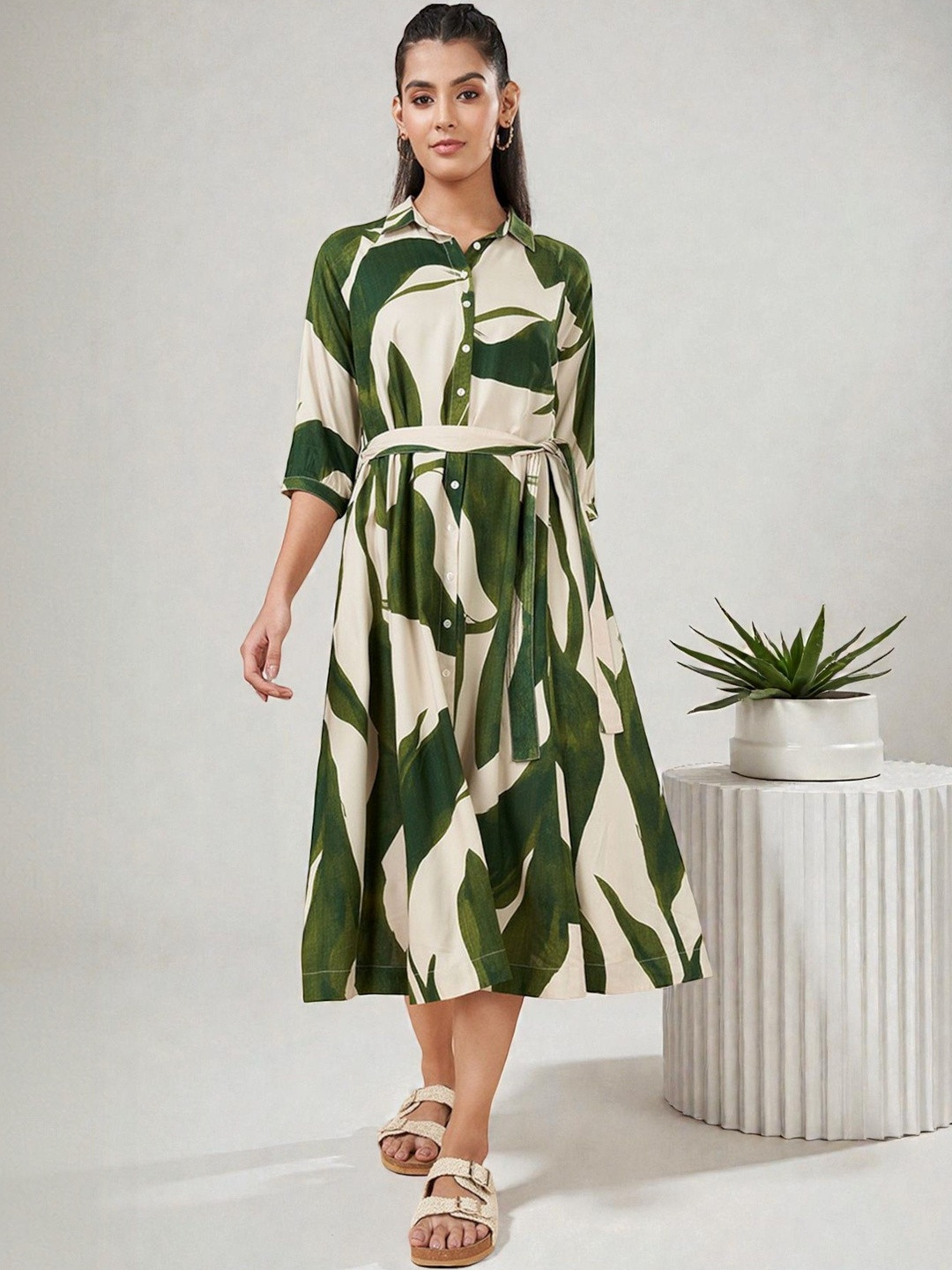 Moda Rapido Tropical Print Crepe Shirt Midi Dress