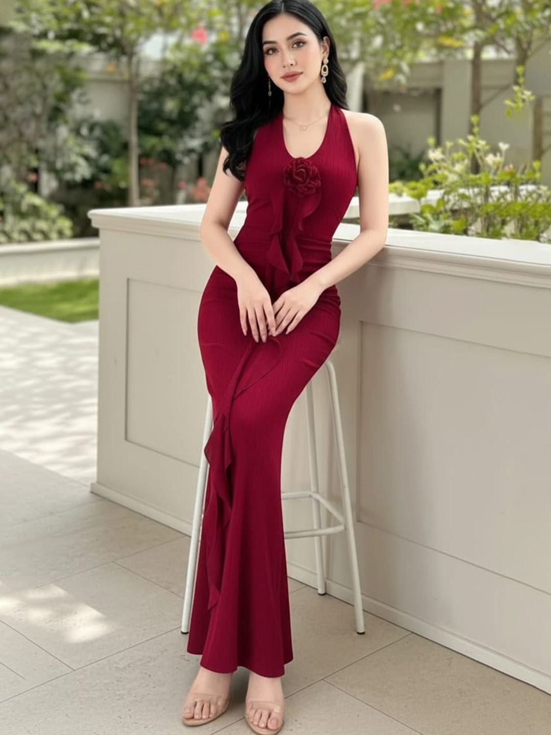 STYLOBABE Halter Neck Ruffled Maxi Dress