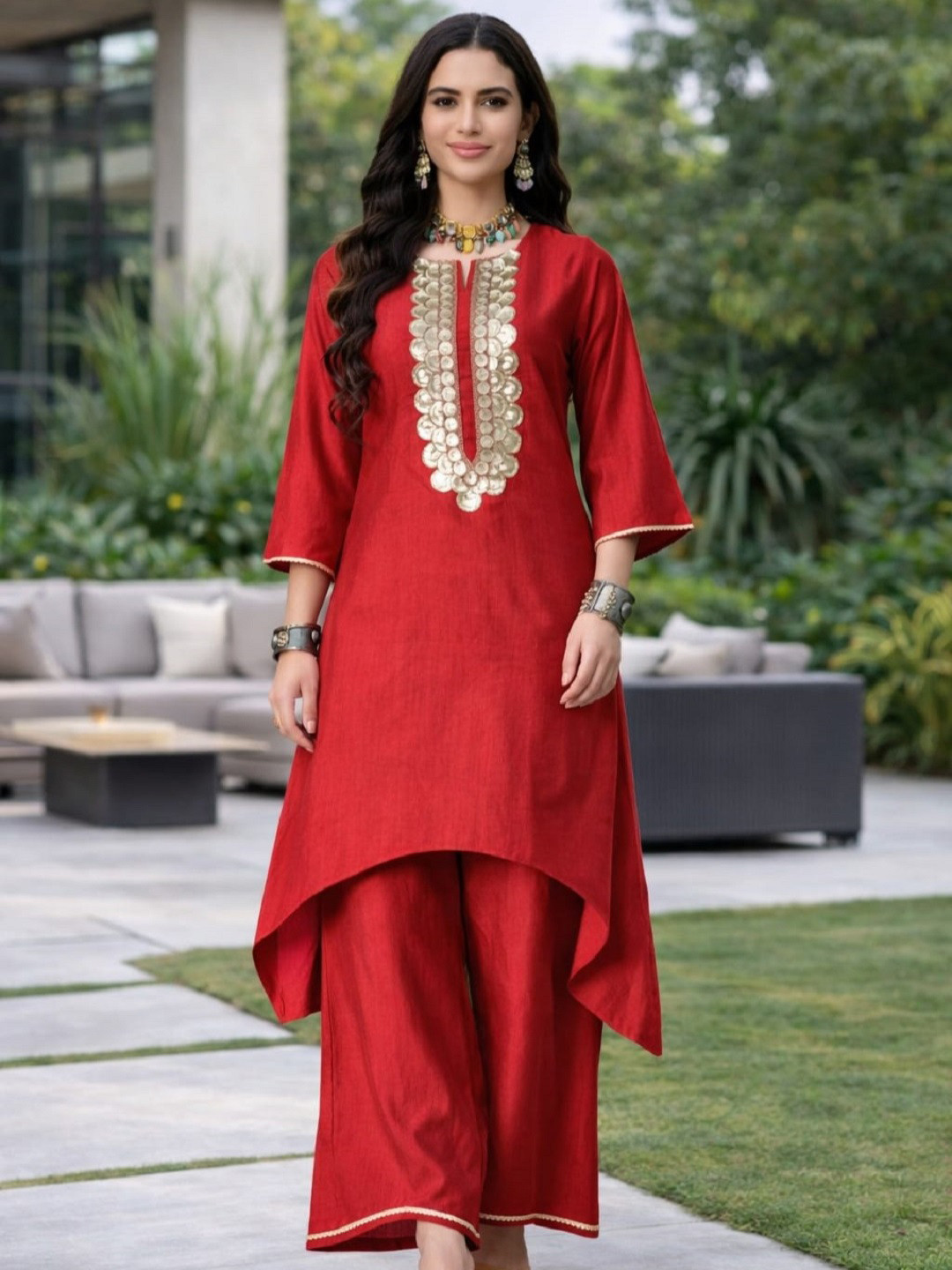 Sangria Red Floral Yoke Design Sequinned A-Line Kurta With Palazzo