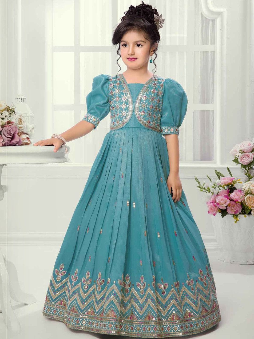 Wommaniya Impex Embroidered Puff Sleeve Georgette Fit & Flare Maxi Dress