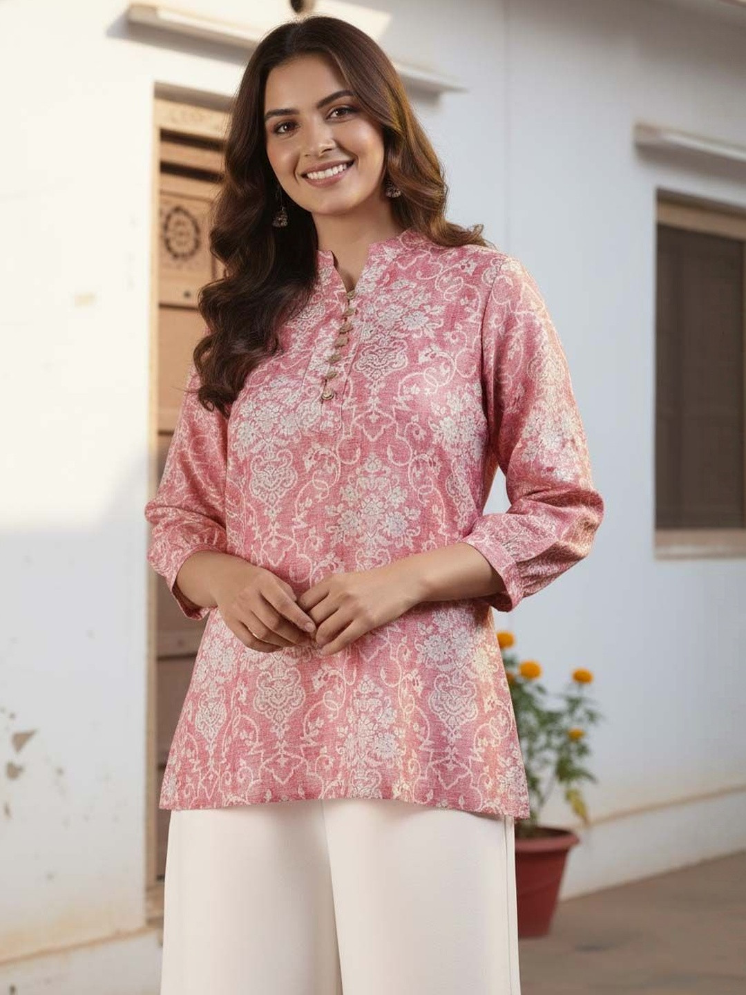 GENZILOOKS Pink Ethnic Motif High Neck Top