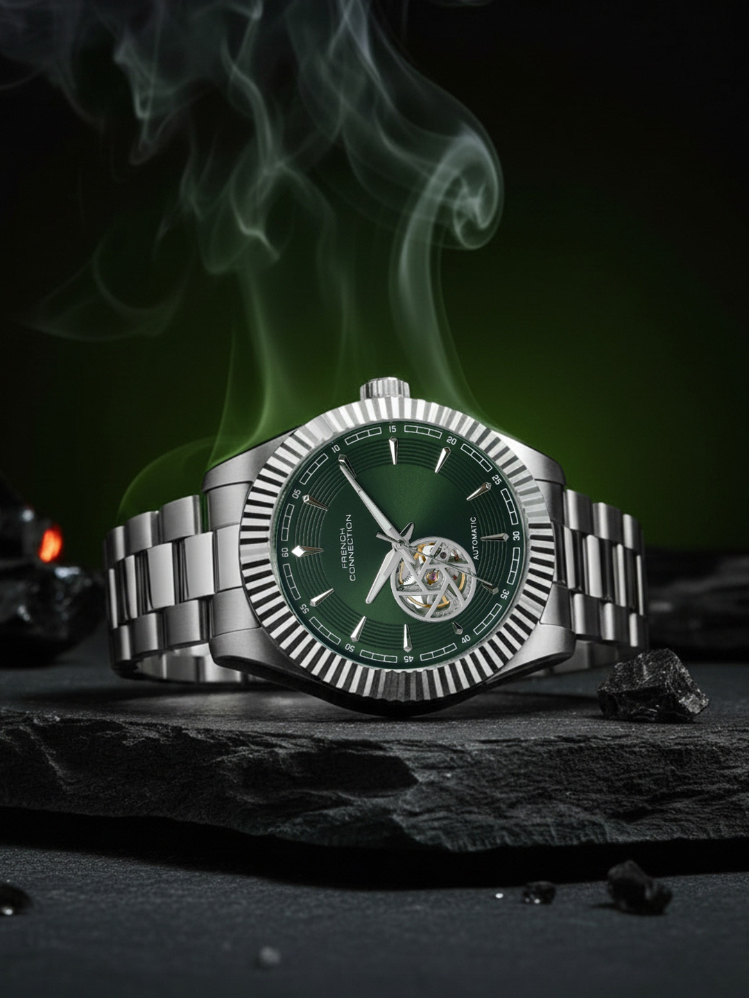 French Connection Torqueline Men Green Dial Bracelet Style Straps Automatic Watch