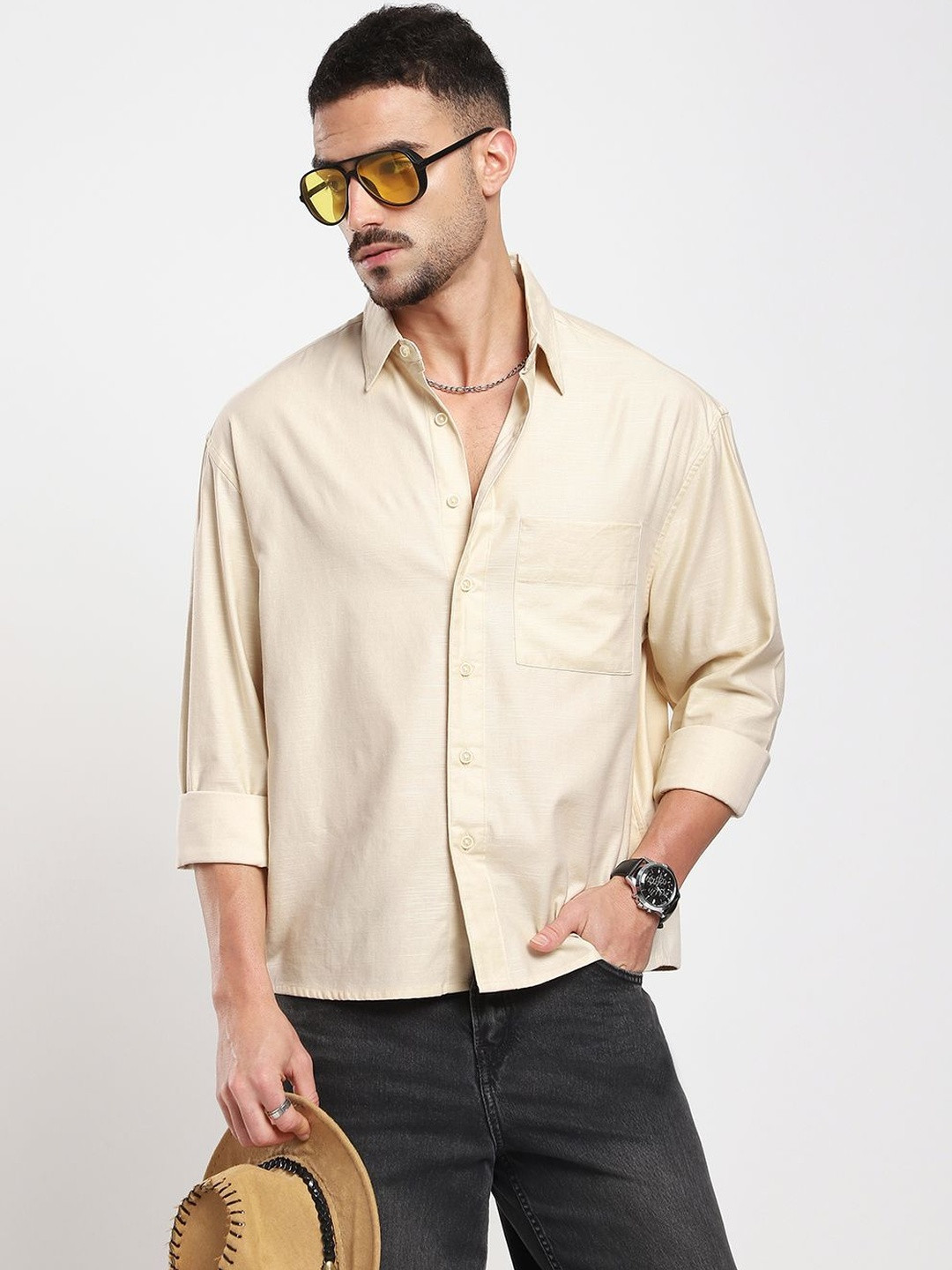 VASTRADO Sunwashed Cream Slub Textured Oversized Crop Shirt