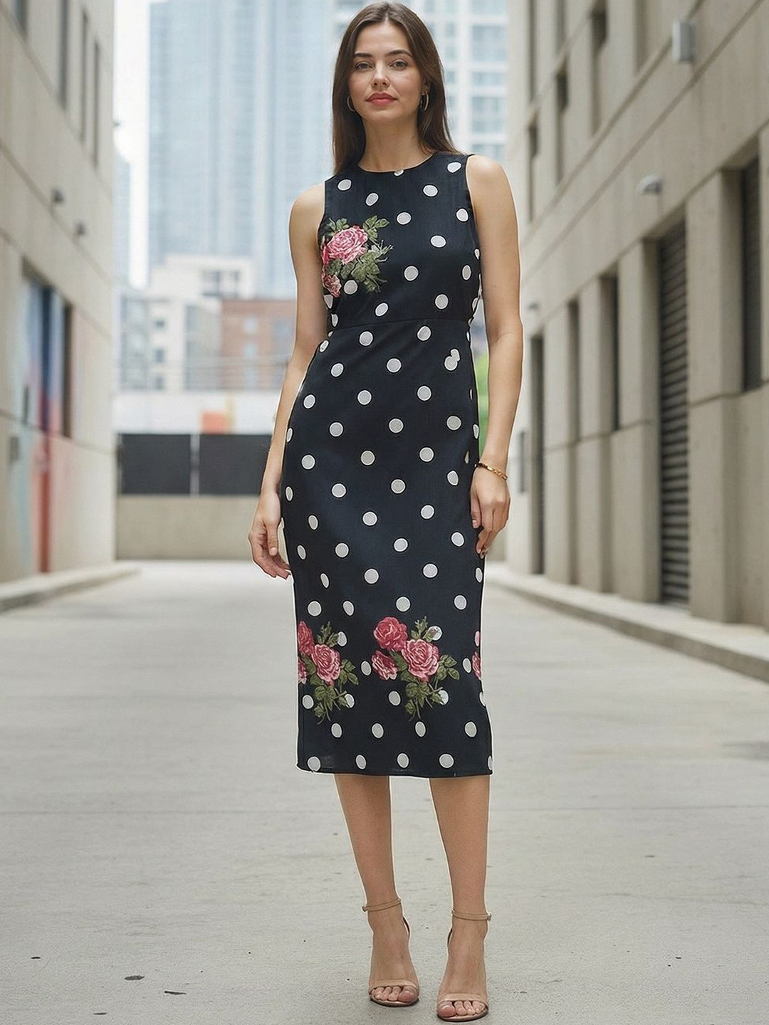 ZUMMER Polka Dot Print Sheath Midi Dress