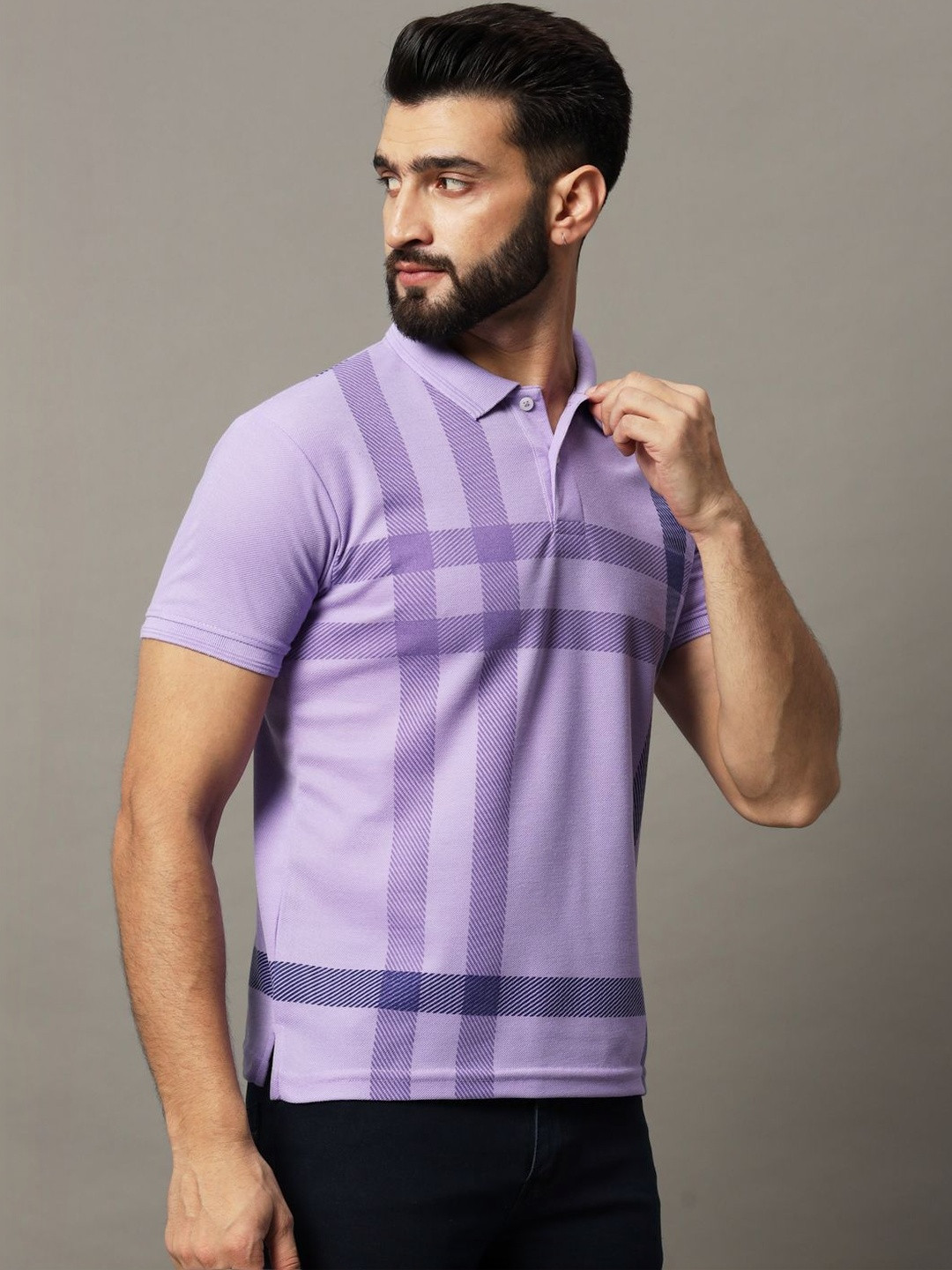 Lavender Checked Polo Collar T-shirt for Men